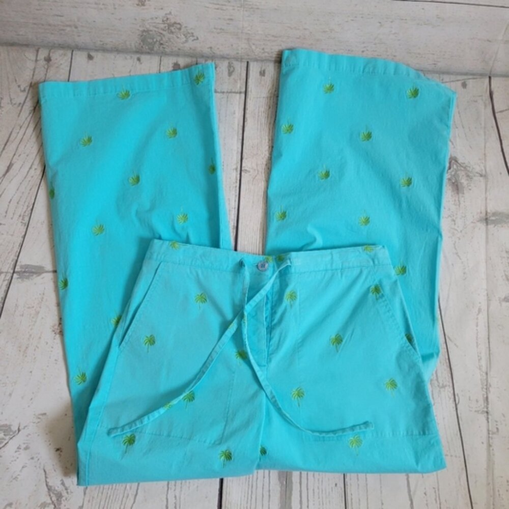 Lilly Pulitzer Turquoise Embroidered Wide Leg Pants Size 4 - Picture 2 of 7